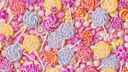 Continuous candy design with vibrant lollipops. Bright confectionery backdrop. Numerous sugary treats in detail