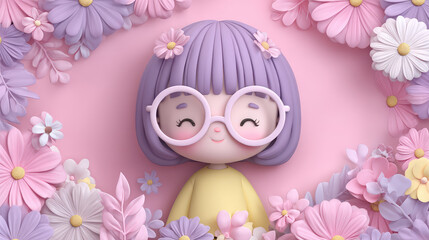 Cute Cartoon Lady Surrounded by Colorful Flowers in a Playful Asian Design Style