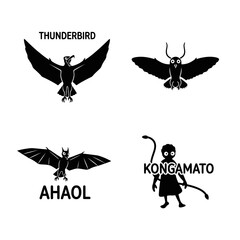 Fototapeta premium Black and white illustrations of four cryptids including Thunderbird, Ahaol, and Kongamato, depicting mythical flying creatures and a humanoid figure.