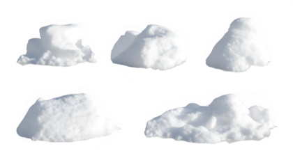 Five abstract white sculptural forms with textured surfaces 