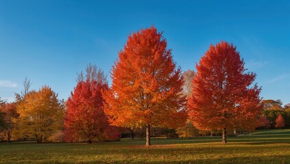 Scenic autumn park showcasing vibrant red and orange ash tree leaves under a clear blue sky