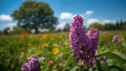 Obraz premium Lilac blossoms backdrop with floral elements, summer vibes, natural scenery, and leafy trees