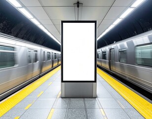A blank digital billboard in a subway station with blurred trains passing by on either side