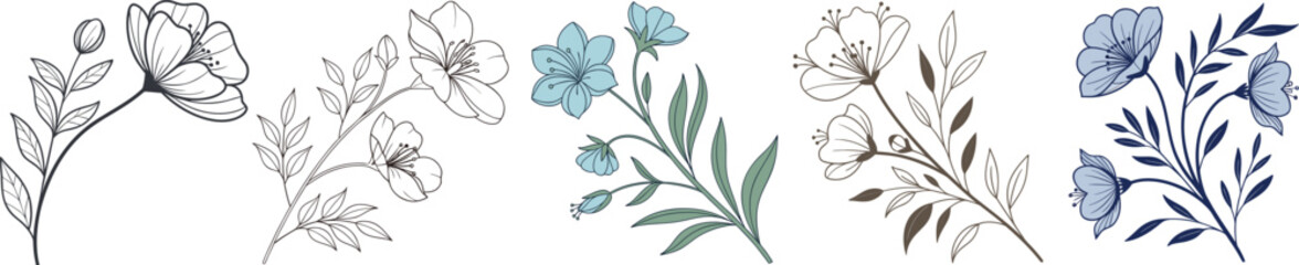 Elegant floral branch set with line art and pastel colors – minimal botanical vector.