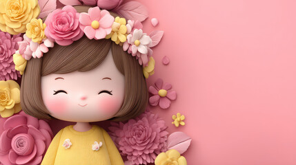 Cute Cartoon Lady Surrounded by Colorful Flowers and Soft Pastel Background Ideal for Kids' Designs