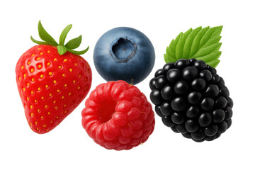 Fresh berries assortment with strawberry, blueberry, raspberry, and blackberry on transparent background
