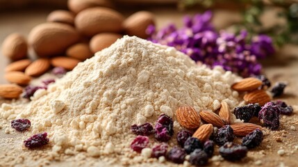 Almond flour pile with almonds, dried fruit, and flowers