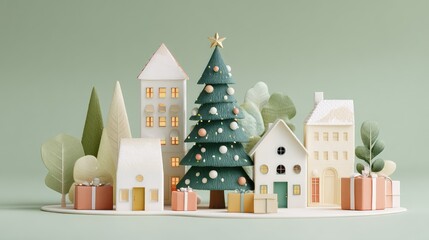 Cozy 3D Scene of Tiny Christmas Houses Surrounded by Holiday Decorations and a Festive Tree with White Accents