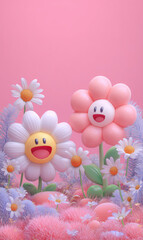 Joyful Cartoonish Flowers in a Colorful Garden Setting with a Playful Pink Background