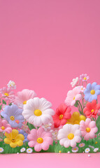 Colorful Cartoonish Garden with Cheerful Flowers and Smiling Faces on a Soft Pink Background