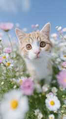Curious Golden Cat Surrounded by Colorful Flowers Under a Bright Blue Sky, Captivating Nature Scene