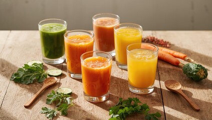 Fototapeta premium Cleanse regimen with fresh natural vegetable juices presented on a rustic wooden surface in glasses.