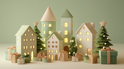 Charming 3D Christmas Village with Glowing Houses and Tiny Gifts Perfect for a Festive Winter Wonderland Scene