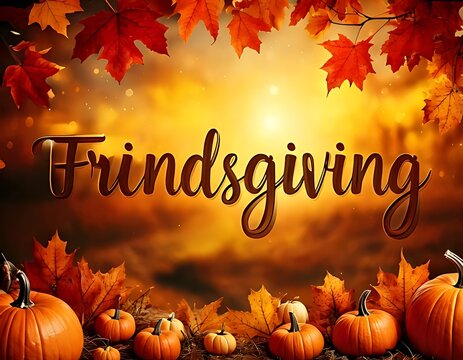 A festive greeting card featuring pumpkins and autumn foliage for a Friendsgiving celebration