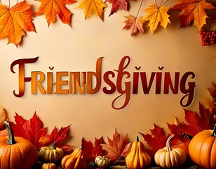 A festive greeting card featuring pumpkins and autumn foliage for a Friendsgiving celebration