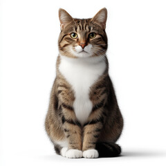 Obraz premium Serene domestic tabby cat with beautiful brown stripes and a prominent white chest, sitting composedly on a bright white studio background, gazing directly forward, a captivating feline portrait