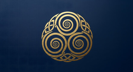 Golden Celtic Triskele on Blue: A Symbol of Interconnectedness and Eternity, Ancient Spirals: Traditional Celtic Symbol Isolated on a Dark Blue Backdrop