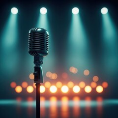 Obraz premium Vintage microphone on stage with spotlight and bokeh lights
