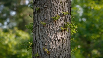Obraz premium A tree trunk featuring tiny green saplings against a softly blurred backdrop