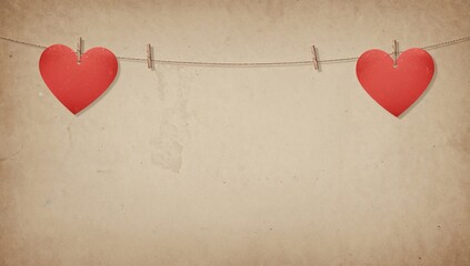 Clothesline adorned with red heart cutouts and blank paper sheets, offering space for writing. Romantic celebration backdrop with heart motifs. Warm-toned photograph.