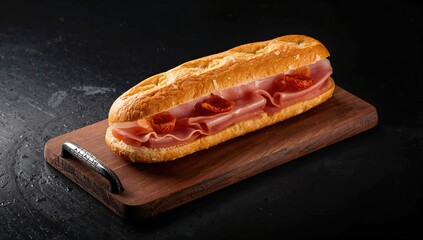 Cured ham sandwich served on a dark tray with a glowing edge against a black backdrop