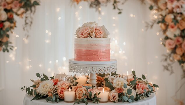 Wedding cake decorated in pink and white - Powered by Adobe