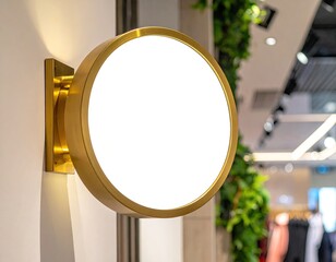 A gold-colored, round, blank sign affixed to a white wall, displaying its blank canvas