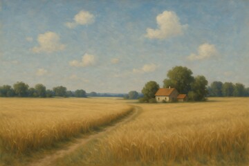 Fototapeta premium Digital painting of rural farmland with golden wheat fields farmhouse blue sky and calm peaceful