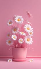 Bright Cartoon Flowers in Pink Pot with Greenery and Light Background Perfect for Celebrations and Events