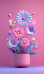 Bright and Colorful Cartoon Flowers in a Pot Against Pink Background Ideal for Cheerful Designs