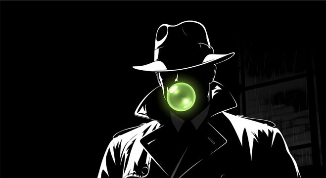 Noir-style close-up of a detective or spy in a trench coat and fedora, silhouetted against a dark, rainy background with a glowing green bubble in his mouth.