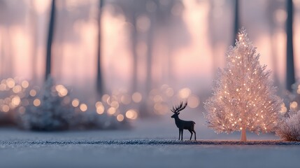 Enchanting Snowy Forest with Glowing Christmas Tree and Deer Amidst Soft Winter Light