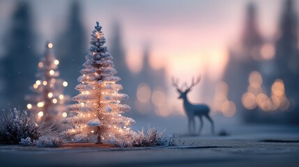 Serene Winter Scene with Sparkling Christmas Trees and Gentle Glow in a Snowy Forest Landscape