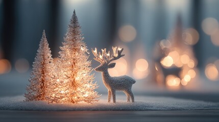 Snowy Forest with Glowing Christmas Trees and a Decorative Reindeer in a Warm Winter Atmosphere