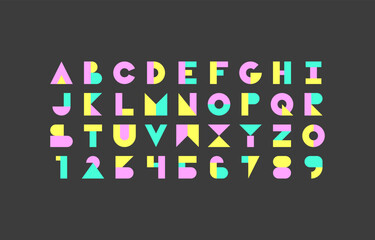 Vector of typface Bold Bauhaus Alphabet on Black Background with Rounded Pastel Letters and Numbers