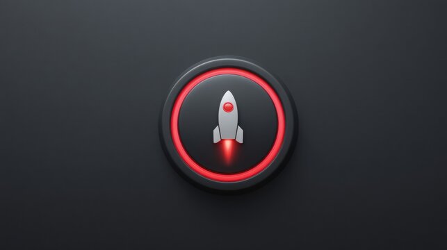 Rocket launch button design with sleek black background and glowing red accents.