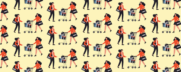 Seamless pattern with women shopping on Black Friday. Female shoppers with sale bags, carts full of gifts, and discounts. Holiday sale vector background