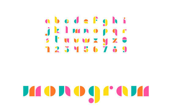 Icon set of Playful Bauhaus Style Alphabet with Thin Colorful Lines and Minimal Monogram Layout