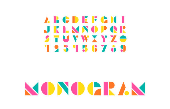 Wet of Bright Bauhaus Letters and Numbers in Primary Colors with Minimal Monogram Composition