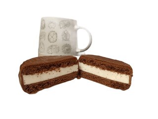 Coffee cup and chocolate cake isolated on a white background.