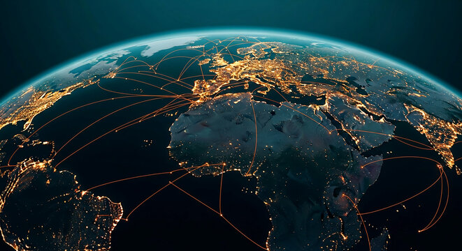 Night view of Earth, illuminated cities connected by glowing lines, symbolizing global network, communication, and interconnectedness