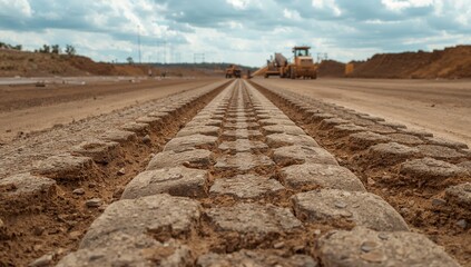 Close-up view of a soil surface with road roller treads
