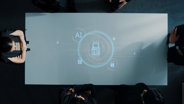 A group of business professionals engaging in a meeting focused on AI and cybersecurity, featuring a dynamic digital projection on a sleek conference table. Raster