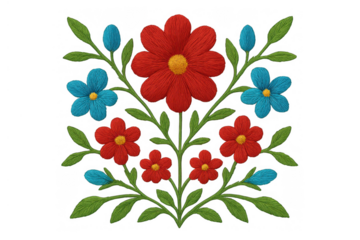 Embroidered floral pattern featuring red and blue flowers with green leaves, traditional folk art textile design