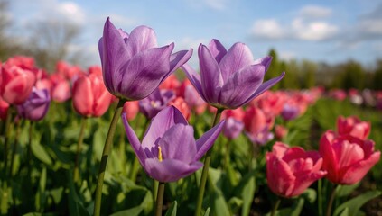 Obraz premium April garden showcasing blooming purple Viridiflora tulips