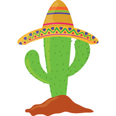 Cartoon Mexican Cactus Wearing a Sombrero Hat in a Desert Environment with a Transparent Background