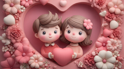 Cute Cartoon Couple Holding Heart Surrounded by Pink Flowers and Hearts in a Romantic Design