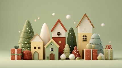 Charming 3D Visualization of Cute Simple Christmas Houses with Colorful Trees and Festive Gifts Set Against a Soft Background