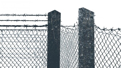 Outline of a Wire Mesh Barrier with Sharp Wire and a Concrete Post against a Light Backdrop
