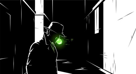 Stylized, high-contrast illustration of a mysterious figure in a trench coat and hat, side profile in a dark alley with a glowing green bubble breaking apart from his mouth.